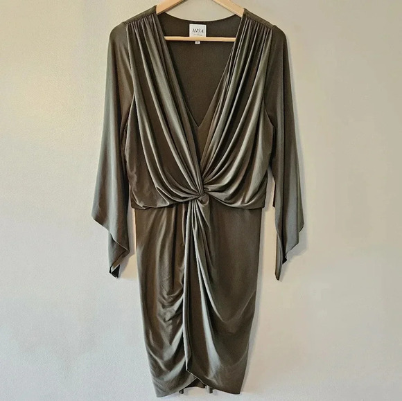 Misa Los Angeles Draped Teget Fluid Stretch Mini Dress Olive  Green Size Large. - Picture 6 of 16